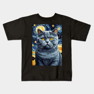 British Shorthair Cat Breed Painting in a Van Gogh Starry Night Art Style Kids T-Shirt